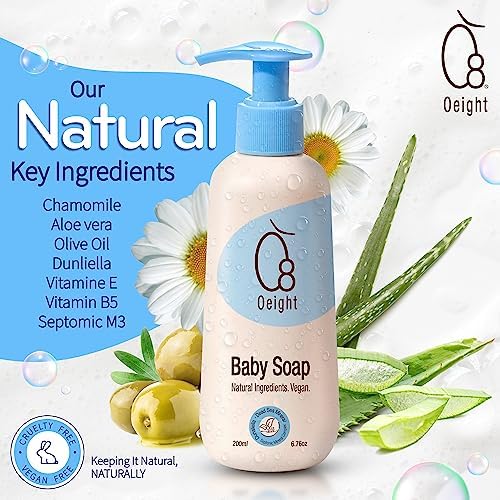 Oeight Natural Baby Soap with Tearless Baby Shampoo for Gentle and Sensitive Skin, Hair 200ml Baby Body Wash Baby Soap for Newborn, Hypoallergenic, Dermatologically Tested, Made in Israel