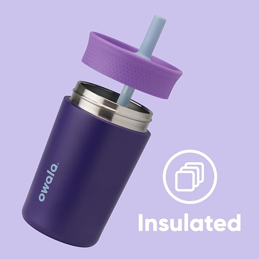 Owala Kids Insulation Stainless Steel Tumbler with Spill Resistant Flexible Straw, Easy to Clean, Kids Water Bottle, Great for Travel, Dishwasher Safe, 12 Oz, Purple (Peacock Palace)