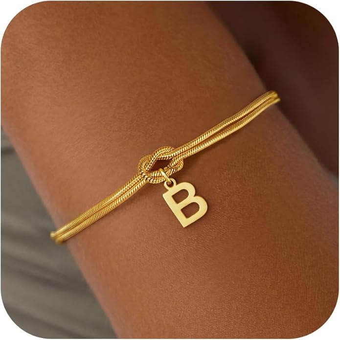 Stocking Stuffers for Teen Girls - 18K Gold Plated Love Knot Initial Bracelets for Women Friends Bridesmaid Gifts Dainty Gold Bracelets Birthday Christmas Gifts for Teens Women