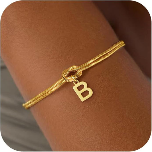 Stocking Stuffers for Teen Girls - 18K Gold Plated Love Knot Initial Bracelets for Women Friends Bridesmaid Gifts Dainty Gold Bracelets Birthday Christmas Gifts for Teens Women