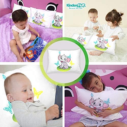 kinder Fluff Child Pillow with Pillowcase- 300T Cotton Shell & Down Alternative Fill - Ideal for Travel, Bedding Set & Floor Cushions (13x18in - White Pillow with Pillowcase Elephant Design)