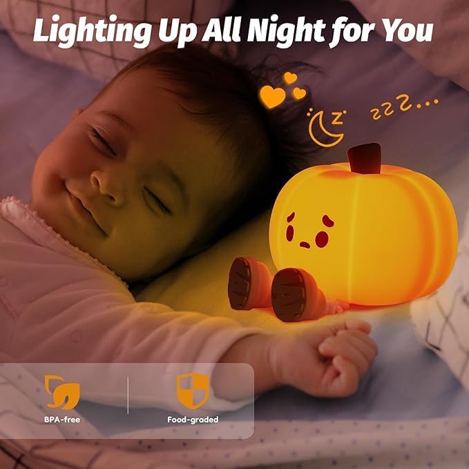 Pumpkin Night Light, Cute Silicone Night Light for Kids, Squishy Touch Nightlight Rechargeable Dimmable for Nursery Lamp for Breastfeeding, Halloween Decor, Office Desk and Kids Room Décor