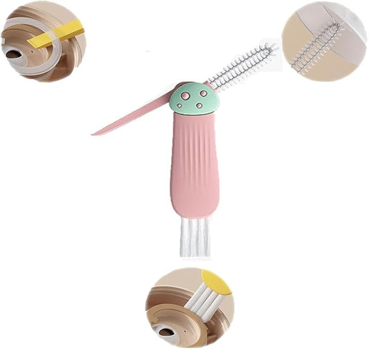 Mini Bottle Brush- Deep Clean Bottle Necks, Straws & Cup Lids, 3-in-1 Tight Space Scrubber for Water Bottles, Travel Mugs, Home Kitchen&Office. Dishwasher Safe(Pink)