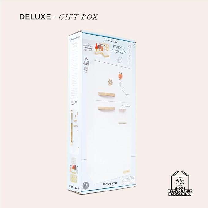 Le Toy Van – Wooden Stand Alone Fridge Freezer Set | Grand Free Standing Refrigerator & Freezer with Accessories Pretend Play Set – Suitable for 36+ Months