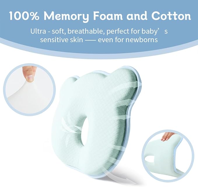 Memory Foam Baby Pillow for Newborn Flat Head Baby Pillow Machine-Washable Neck Support Prevent Flat Head 100% Cotton,Blue