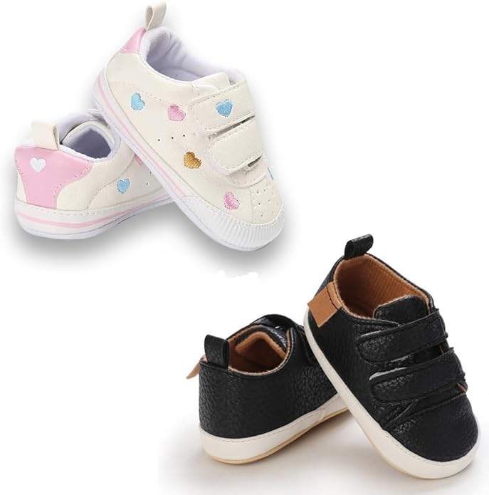 2Pairs Baby Shoes,Boys Girls Non-Slip Rubber Sole Sneakers,Unisex Infant Soft Lightweight First Walking Crib Shoes