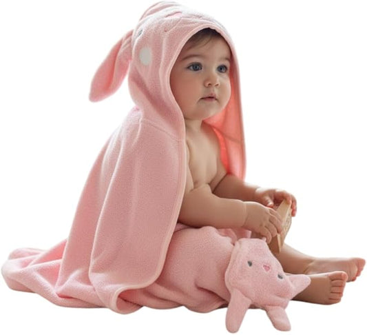 Hooded Baby Towel with Mitt - Ultra Soft Plush Bath Essential for Newborn, Infant & Toddler - Premium 30x30 Inch Large Absorbent Baby Bath Towels with Hood for Boys & Girls (Cute Bunny)