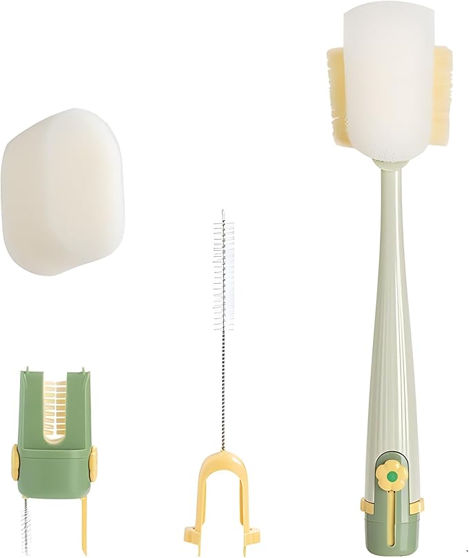 5 in 1 Bottle Cleaning Brush Set, 2025 Multifunctional Lid Brush Cleaning Tool Kitchen, Portable Long Handle Bottles Scrubber for Cup Lids, Hard Bristle Sponge Head Bottle Brushes (Green)