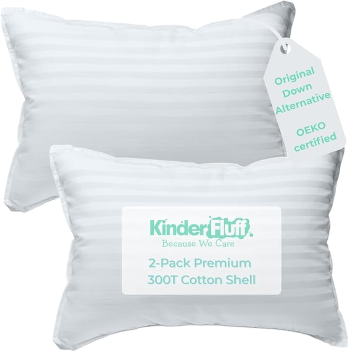 kinder Fluff Toddler Pillows (2pk) - The only Pillow for Kids 300T Cotton Shell & Down Alternative Fill - Machine Washable, Ideal Cushion for Kids Above 2 Years (13x18in - White)