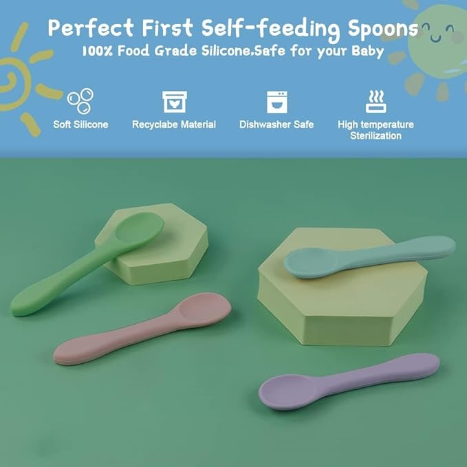 Vicloon Silicone Baby Feeding Spoons, 4 PCS First Stage Feeding Spoons for Infants, Baby Led Weaning Feeding Supplies Training Spoon, Toddler Utensils, Ultra-Durable & Chewproof, Dishwasher Safe