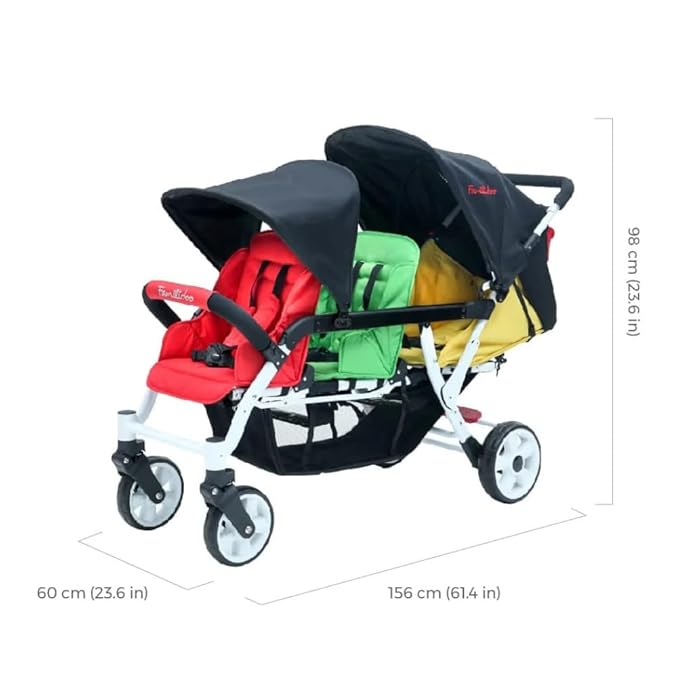 Familidoo H3E 3 Seat Baby Stroller - Tandem Daycare Triple Stroller with 5 Point Safety Harness - for Infants & Toddlers 0-3 Years - Lightweight & Foldable - All Reclining Seats