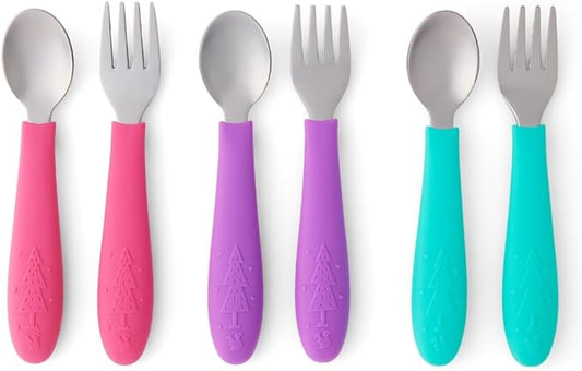 Elk and Friends Kids Silverware with Silicone Handle | Childrens Safe Flatware | Toddler Utensils | Baby Spoons + Forks | Stainless Steel Cutlery