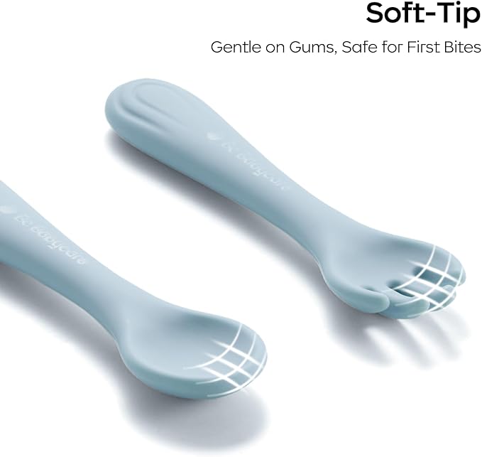 Bc Babycare Portable 4 Pack Baby & Toddler Self Feeding Fork and Spoon Set with Storage Case, BPA-Free Silicone Utensils for Boys and Girls, Safe & Easy to Carry, Blue & Green