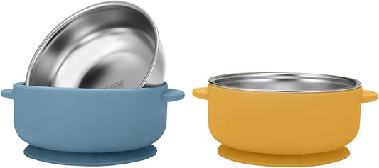 2 Pack Stainless Steel Baby Bowls with Removable Non-Slip Silicone Suction Shell, Anti Scald Food Container for Baby Food Feeding-Blue & Yellow