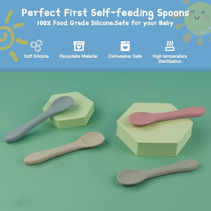 Vicloon Silicone Baby Feeding Spoons, 4 PCS First Stage Feeding Spoons for Infants, Baby Led Weaning Feeding Supplies Training Spoon, Toddler Utensils, Ultra-Durable & Chewproof, Dishwasher Safe