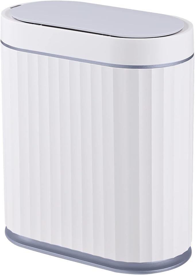 ELPHECO Bathroom Motion Sensor Trash can 2 Gallon Automatic Garbage Can, Slim Plastic Smart Trash Can with Lid, Commercial Intelligent Trash Bin for Bedroom, Bathroom, Office, White with Grey Trim