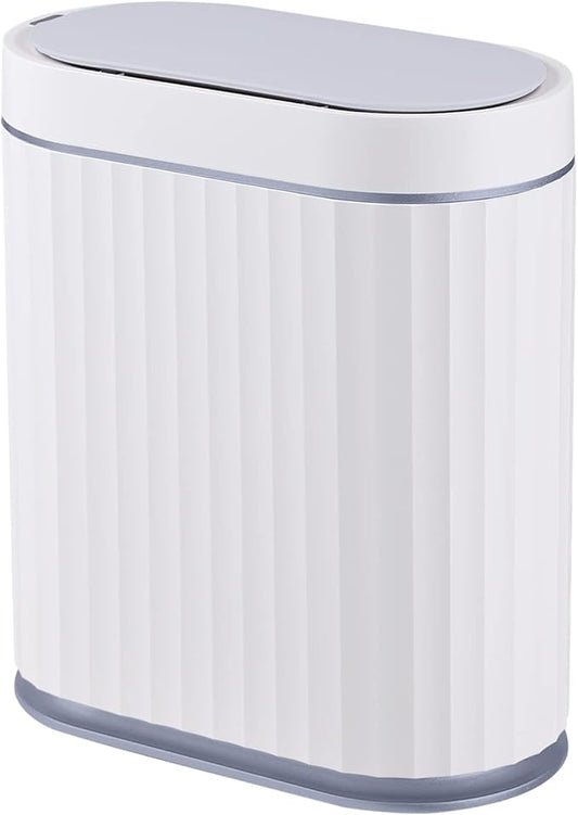 ELPHECO Bathroom Motion Sensor Trash can 2 Gallon Automatic Garbage Can, Slim Plastic Smart Trash Can with Lid, Commercial Intelligent Trash Bin for Bedroom, Bathroom, Office, White with Grey Trim