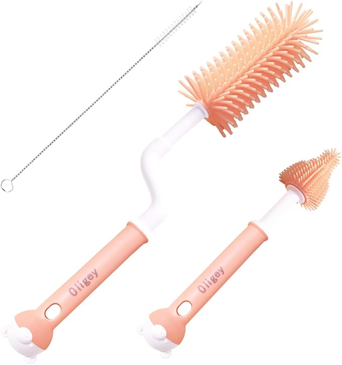 Silicone Baby Bottle Brushes Set Cleans Deep Container Nipple or Straw with Rotation Long Handle,3 in 1 Rubber Cleaning Kits Wash Infant Pacifier Teat Nozzle or Breast Pump by Spinning Handgrip