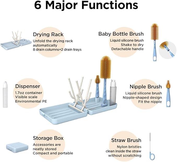 Travel Bottle Brush with Portable Bottle Drying Rack, Baby Bottle Brush for Baby Travel Essential, Blue