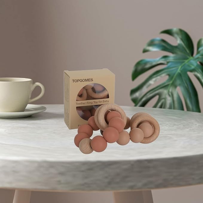 Silicone Baby Teether, Food Grade Silicone & Beech Baby Teething Toy, BPA Free (Muted)