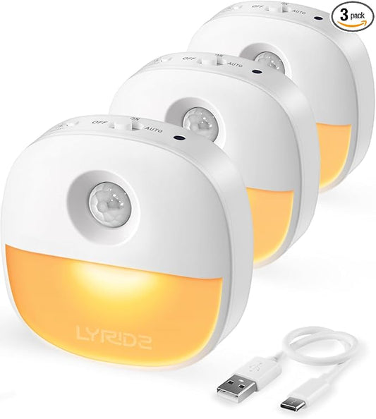 Lyridz Rechargeable Battery Night Light with Motion Sensor, Dimmable Amber Nightlights for Bathroom, Bedroom, Hallway, Stairs, Pet House, 3 Pack