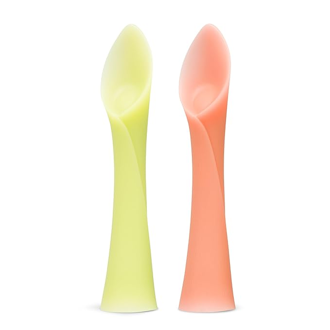 Olababy 100% Silicone Soft-Tip Training Spoon for Baby Led Weaning 2pack (Lemon/Coral)