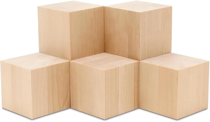 DIY Wood Cubes 4-inch, Pack of 5 Large Blank Wooden Blocks for Crafts, STEM, Building, Monitor Riser, Photo Cube Craft, and Home Decor, by Woodpeckers
