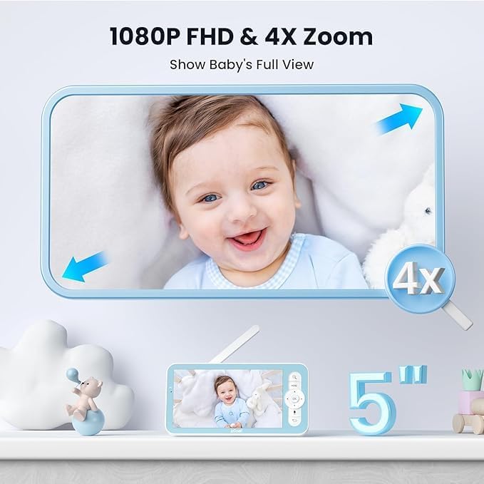 ieGeek 1080p Baby Monitor with Night Vision, 5" LCD Screen&Phone App Control, PTZ, 3000mAh Battery, Automatic Tracking, Cry&Motion Detection, Feeding Reminder, 2 Way Audio, Baby Gift