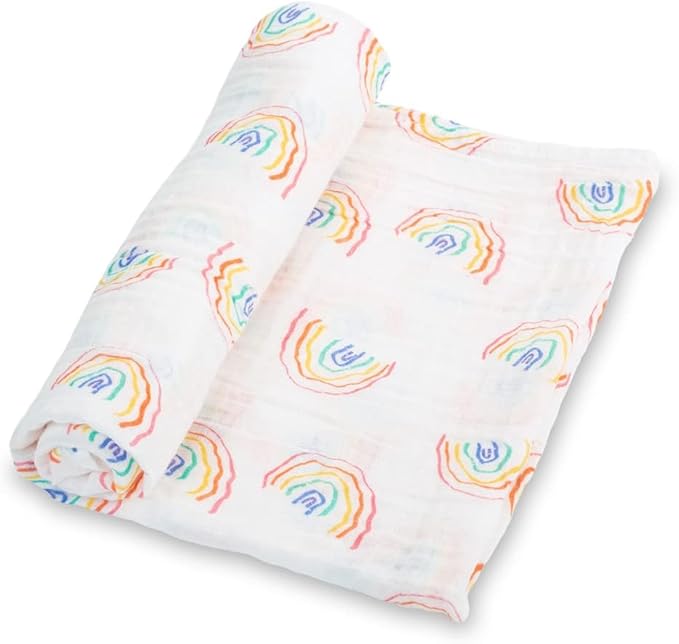 LollyBanks Muslin Swaddle Blankets, 100% Cotton Baby Swaddle Blanket for Boys and Girls, 47 x 47 Inches Cozy Newborn Swaddle, Soft and Breathable Baby Receiving Blankets, Registry (Rainbow Print)
