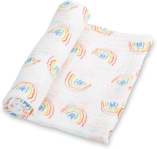 LollyBanks Muslin Swaddle Blankets, 100% Cotton Baby Swaddle Blanket for Boys and Girls, 47 x 47 Inches Cozy Newborn Swaddle, Soft and Breathable Baby Receiving Blankets, Registry (Rainbow Print)