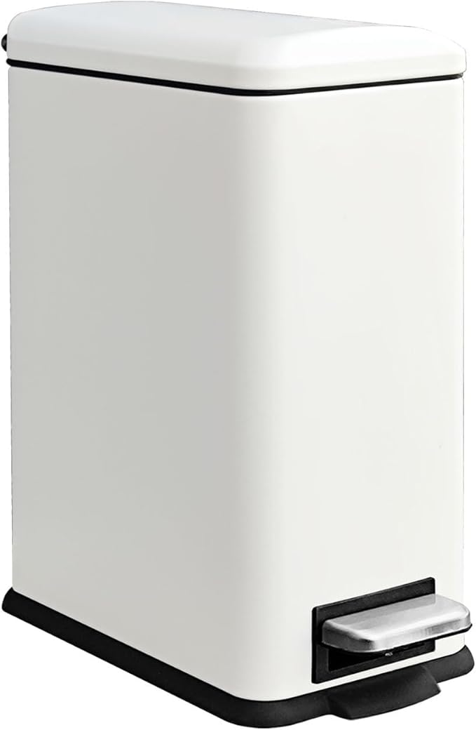 Trash Can with Lid, 10L Bathroom Waste Bin, Small Pedal Bin, Stainless Steel Garbage Can for Bathroom, Bedroom and Office, White