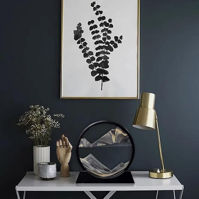 Aoderun Moving Sand Art Picture Round Glass 3D Deep Sea Sandscape in Motion Display Flowing Sand Frame Relaxing Desktop Home Office Work Decor (12", New Black)