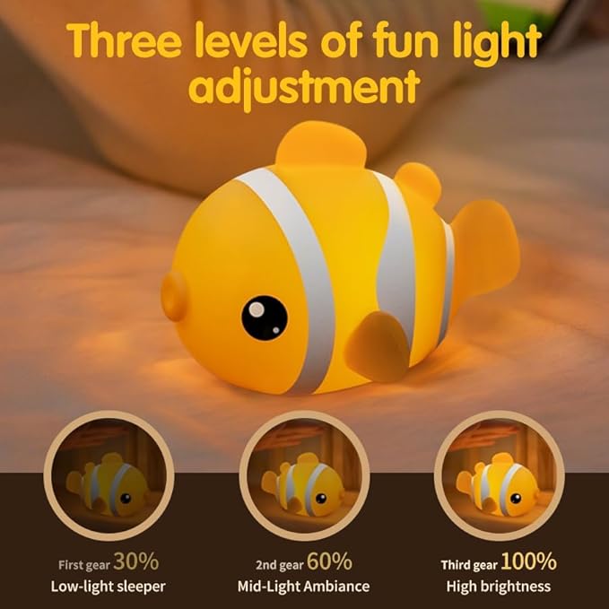 Clownfish Night Light for Kids Nursery - Adorable Ocean-Themed Silicone Baby Light with 3-Level Dimmable LED, Portable Toddler Sleep Lamp for Bedroom, Kids Room, Baby Shower & Birthday Gift