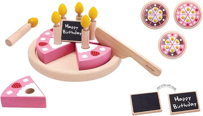 PlanToys® Pretend Play Birthday Cake Set | Food Toy with Removable Slices, Candles, Wooden Knife & Chalkboard Nameplate | Educational Toy for Imagination, Fine Motor Skills & Social Play