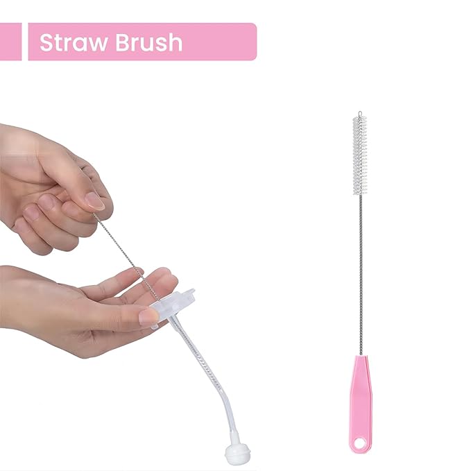 5-in-1 Baby Bottle Brush Set, Including Nylon and Silicone Bottle Brush, Cap, Straw, Nipple Brushes, BPA-Free (Pink)