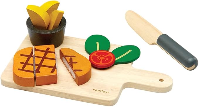 PlanToys® Wooden Steak Pretend Cooking Toy for Kids | Includes Steak, Vegetables, Knife & Tray | Eco-Friendly Montessori Play Food Set for Imaginative Kitchen Role Play