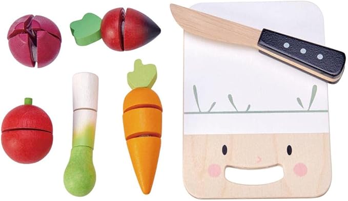 Tender Leaf Toys - Mini Chef Chopping Board - 16 Pcs Wooden Cutting Vegetable Toys with Knife - Accessories for Play Kitchen with Drawstring Bag - Develops Fine Motor Skills for Kids - Age 3+