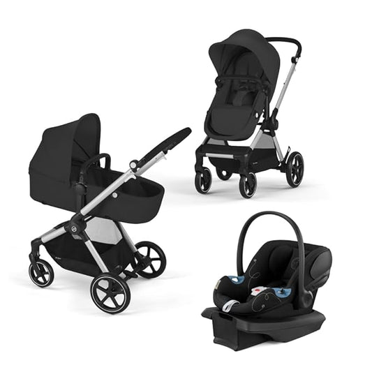 Cybex EOS 5-in-1 Travel System Stroller + Lightweight Aton G Infant Car Seat, Moon Black, Silver Frame