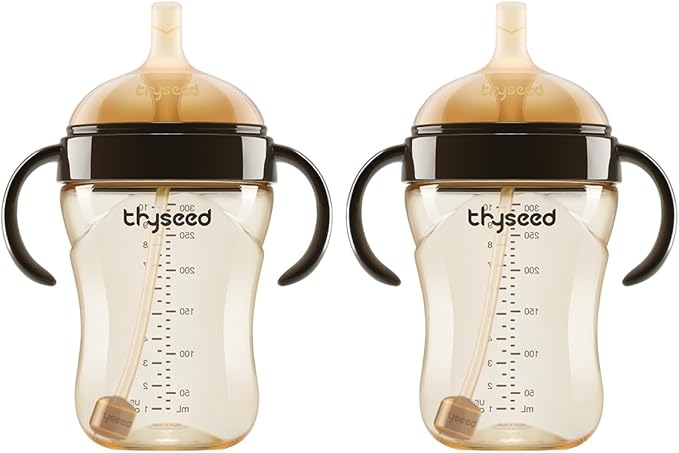 thyseed PPSU Weighted Straw Cup with Handles Toddlers Transition Bottles to Sippy Cups No Spill Learner Milk Water Baby Bottle Soft Silicone Spout Dishwasher Safe BPA Free 6+ Months 10oz/300mL 2 Pack