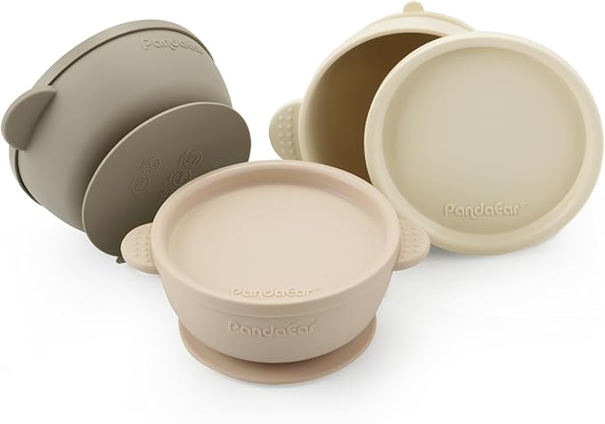 PandaEar 3 Pack Baby Bowls with Suction| Leak-Proof Stay Put Silicone Food Bowl with Lids for Babies Kids Toddlers Infants| Food Grade Soft Safe BPA-Free Silicone (Linen Brown Tan)