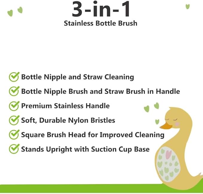 3-in-1 Stainless Bottle Brush for Baby Bottles - Water Bottle Brush Cleaner with Nipple and Straw Brush, Long Bottle Washer, Cup and Tumbler Cleaner Brush. (Pack of 1)