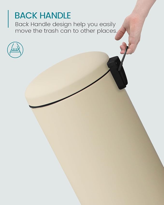 8 Gallon Trash Can, Stainless Steel Round Trash Can with Lid, Removal Inner Liner, Soft Close, Step on Pedal Trash bin for Kitchen, Office, Living Room or Bathroom, Cream