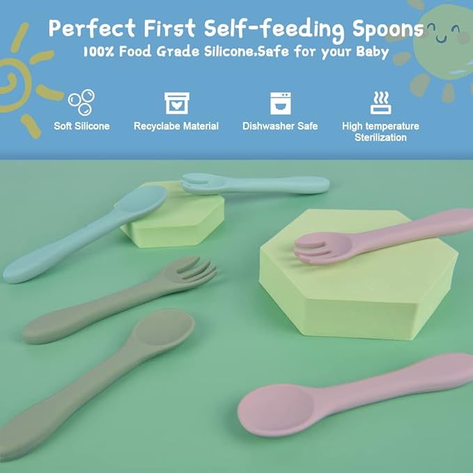 Vicloon Silicone Baby Fork and Spoon Set, 6PCS Baby Led Weaning Utensils, First Stage Feeding Set, Dishwasher Safe