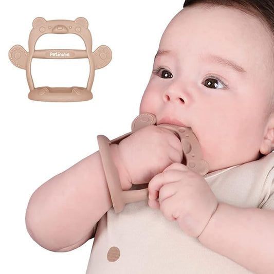 Baby Wrist Silicone Teether Soothing Pacifier for Infants 3+ Months Babies Pack of 1 Made in Korea Anti-Dropping (Bear-Cozy Beige)