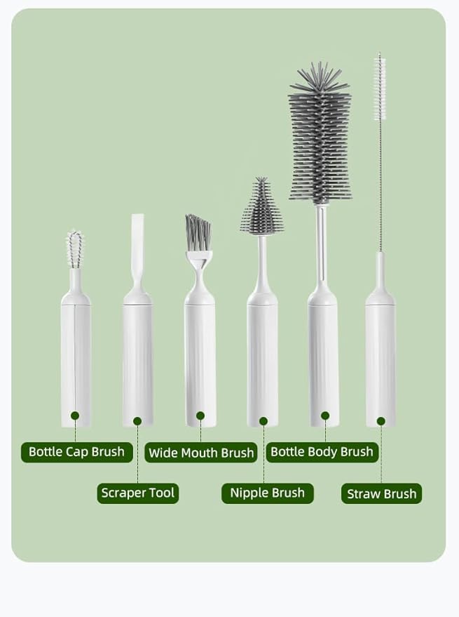 6-in-1 Bottle Brush Set with Holder – Multipurpose Cleaning Kit for Baby Bottles, Reusable Water Bottles, Straws, and Lids – BPA-Free, Compact Storage