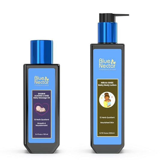 Blue Nectar Ayurveda Gentle Baby Oil for Newborn Skin Care Baby Massage Oil (3.38Fl Oz) Along with Baby Lotion with Nourishing Organic Ghee Body Lotion | Gentle moisturizer for Kids (6.76 Fl Oz)