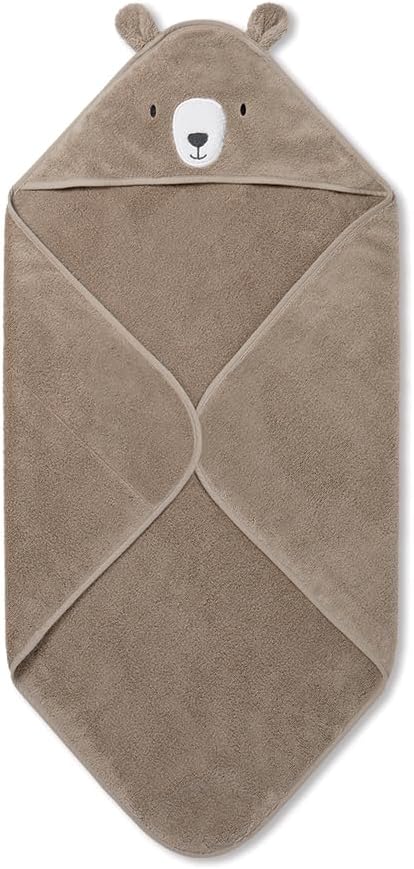 MORI Baby Hooded Bath Towel with Bear Design in Taupe - Unisex Soft Cotton Wrap Cloth for Infants and Newborns - 30 x 30”