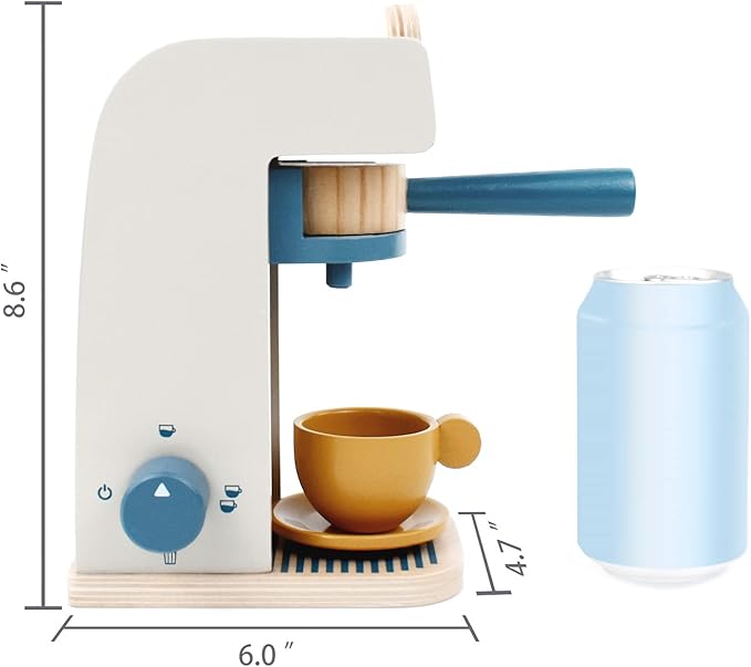 PairPear Wooden “Drop-Pod” Coffee Maker Toy， 13 Pieces Espresso Machine Playset, Barista & Cappuccino Pretend Play Kitchen Accessories Gift for Girls and Boys Age 3+