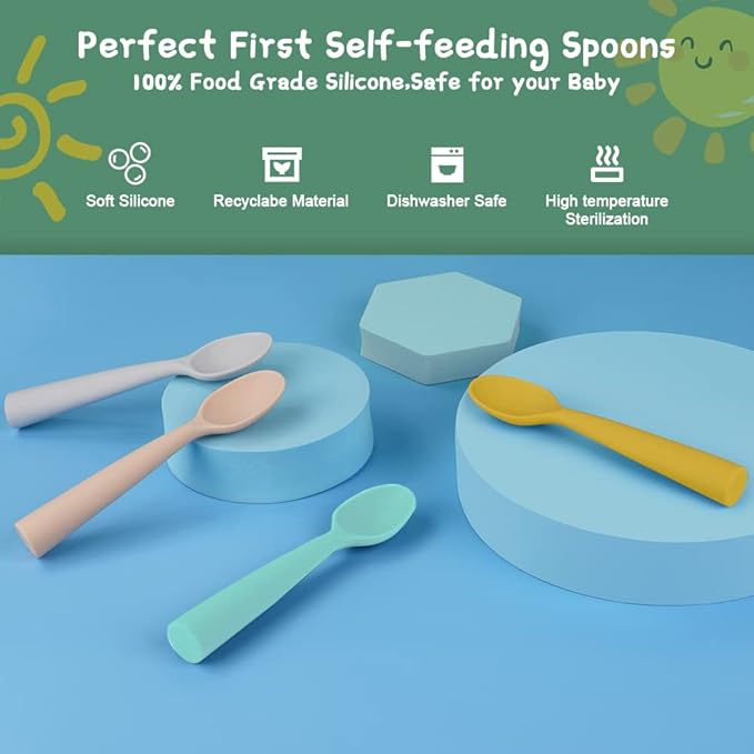 Vicloon Silicone Baby Feeding Spoons - 4 PCS First Stage for Infants, Ultra-Durable & Chewproof, Dishwasher Safe Baby Utensils