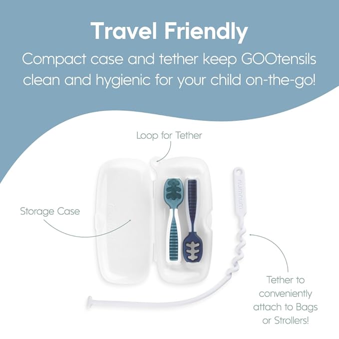 NumNum Baby Spoons Set, Silicone Pre-Spoon GOOtensils for Kids Aged 6+ Months - First Stage, Baby Led Weaning (BLW), Teething Spoon - Travel Case + 2 Spoons, Blue/Navy